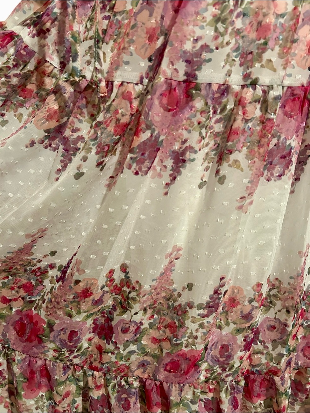 Romantic Pink Cream Floral Cottagecore 3/4 length sleeves V-Neck Flowy Dress 8 - Picture 5 of 7